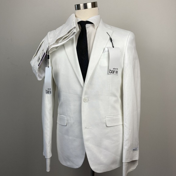 BAR III Men's Suit Slim Fit 2-Pc White Linen Blend 38R Jacket 32x30 Pants F03383 - Picture 2 of 14